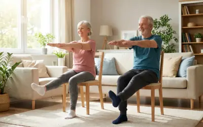 Uśmiechnięci seniorzy wykonują przykładowe ćwiczenia dla osób starszych na krzesłach w salonie, unosząc nogi i wyciągając ręce.