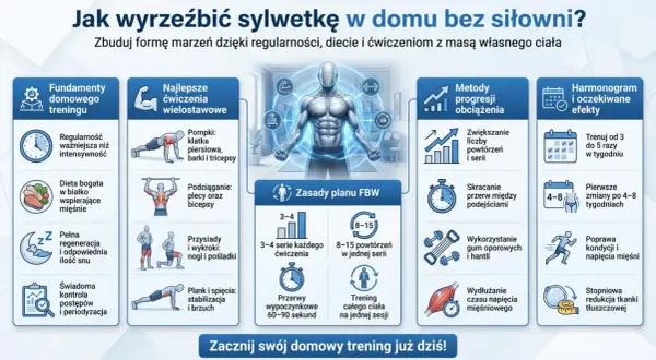 Ilustracja pokazuje zasady ćwiczeń w domu, w tym ćwiczenia wielostawowe, zasady planu FBW, metody progresji i harmonogram treningów.