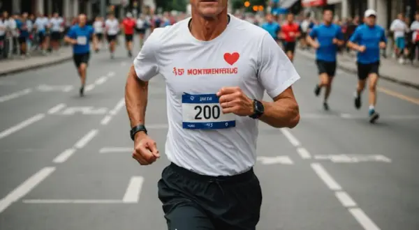 Biegacz z numerem 200 na koszulce, z sercem i napisem "Montréal", osiąga tętno maksymalne podczas wyścigu.