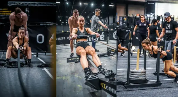 Kobieta ciągnie linę, wiosłuje i pcha sanie. W sporcie liczy się energia, a co ma najwięcej węglowodanów? Dobra dieta!