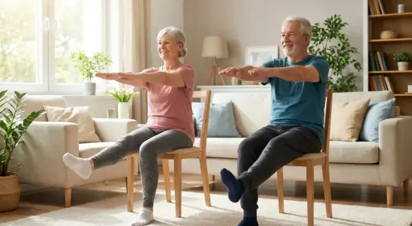 Uśmiechnięci seniorzy wykonują przykładowe ćwiczenia dla osób starszych na krzesłach w salonie, unosząc nogi i wyciągając ręce.