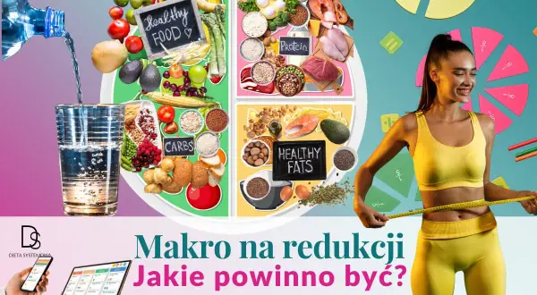 Grafika przedstawia talerz podzielony na sekcje z produktami bogatymi w makroelementy: białko, węglowodany i zdrowe tłuszcze. Obok widać wodę, owoce, warzywa i kobietę mierzącą talię.