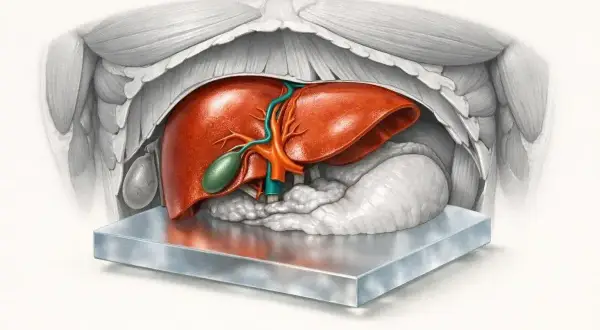 Anatomical illustration of the human liver, gallbladder, and pancreas, viewed from above, resting on a metallic surface. The liver is a vibrant red, with green gallbladder and blue/orange ducts.