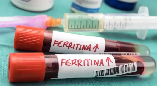 Dwie probówki z krwią oznaczone "Ferritina" i strzałką w górę, sugerującą podwyższony poziom, obok strzykawki.
