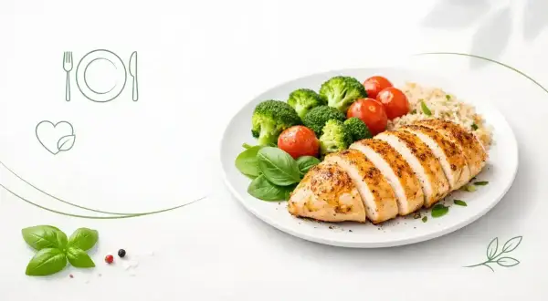 Zdrowy posiłek: grillowany filet z piersi kurczaka z ryżem, brokułami i pomidorkami. Idealny dla dbających o dietę i liczących filet z piersi kurczaka kcal.
