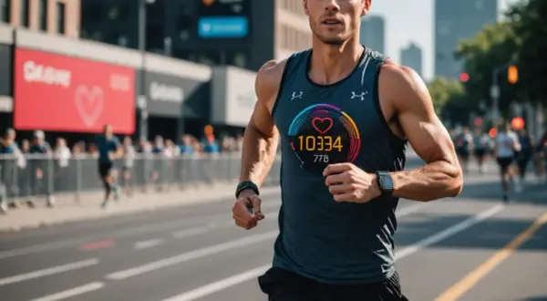 Biegacz na maratonie, z widocznym na koszulce wskaźnikiem tętna, osiąga tętno anaerobowe.
