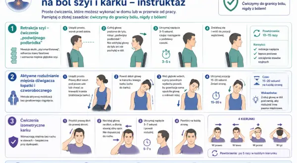 Ćwiczenia na szyję i kark: retrakcja, rozluźnianie mięśni, izometryczne. Instruktaż z ilustracjami.