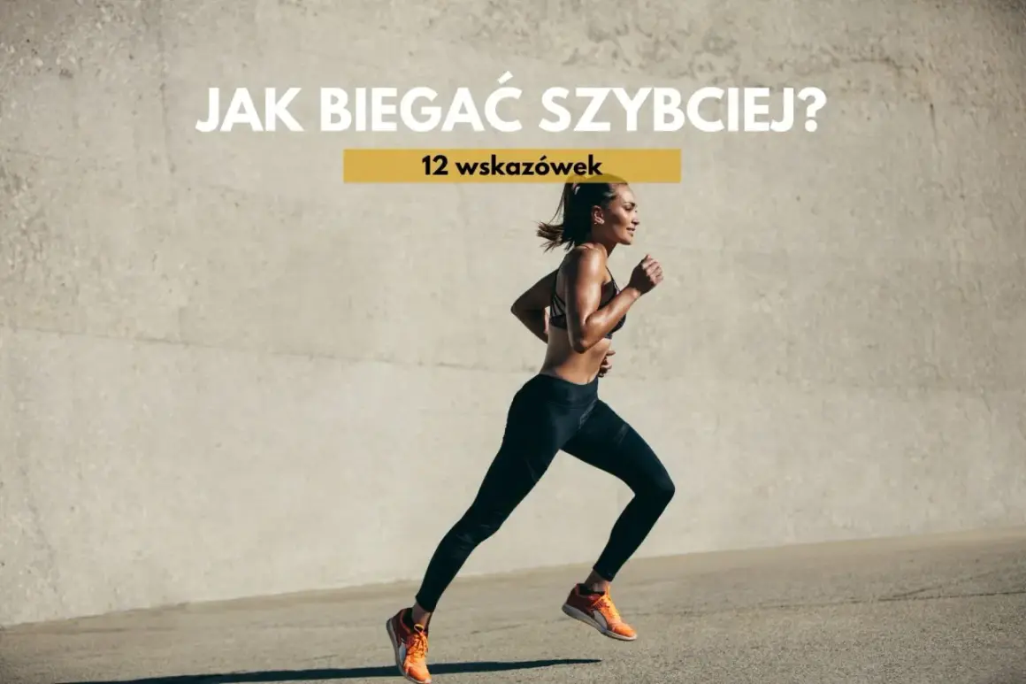 Kobieta biegnie, ćwicząc jak biegać interwały. Tekst na zdjęciu: "Jak biegać szybciej? 12 wskazówek".