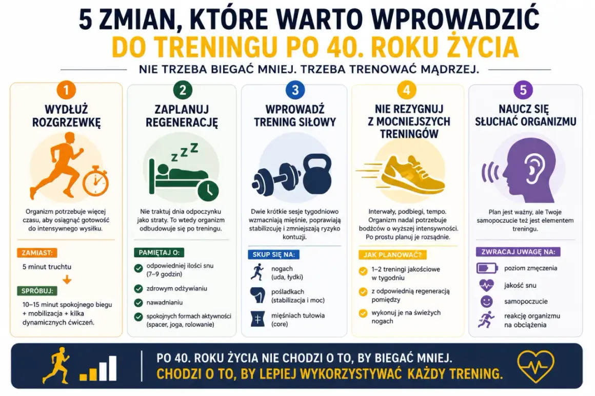 Po 40. roku życia trening powinien być mądrzejszy. Wprowadź interwały, wydłuż rozgrzewkę, zaplanuj regenerację i słuchaj organizmu.