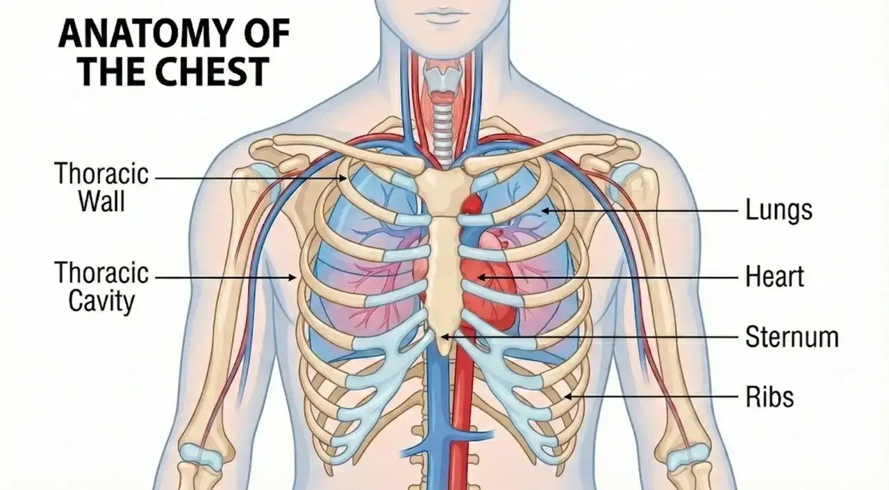 Anatomia klatki piersiowej: serce, płuca, żebra, ściana klatki piersiowej, jama klatki piersiowej i mostek.