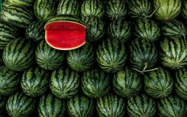 Stos świeżych arbuzów, jeden przekrojony, ukazujący soczysty czerwony miąższ. Zastanawiasz się, ile kcal ma arbuz?