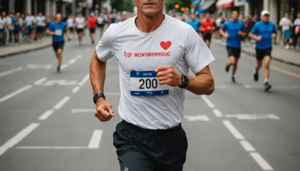 Biegacz z numerem 200 na koszulce, z sercem i napisem "Montréal", osiąga tętno maksymalne podczas wyścigu.