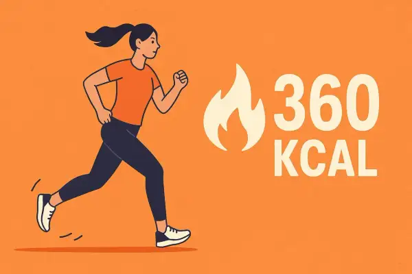 Kobieta biegnie, obok płomień i napis 360 KCAL.