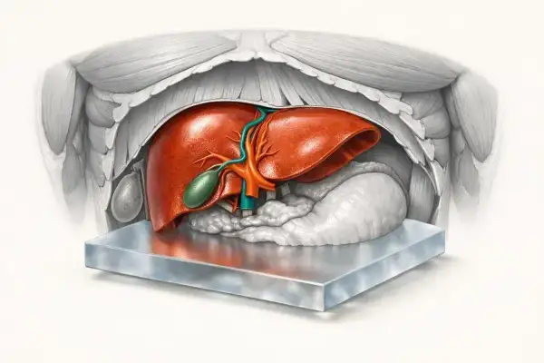 Anatomical illustration of the human liver, gallbladder, and pancreas, viewed from above, resting on a metallic surface. The liver is a vibrant red, with green gallbladder and blue/orange ducts.