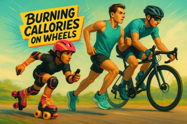 Dzieci i dorośli uprawiają sport, spalając kalorie na rolkach i rowerze.